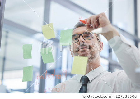 Vision, sticky notes and man writing idea in corporate office in strategy meeting, planning and brainstorming. Creative thinking, leader and senior businessman with post it on glass wall in workplace Vision, sticky notes and man writing idea in corporate office in strategy meeting, planning and brainstorming. Creative thinking, leader and senior businessman with post it on glass wall in workplace 127339506
