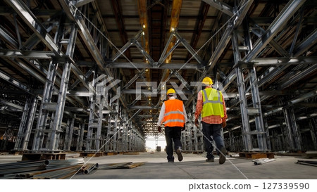 Construction engineering team navigating metal framework, wearing safety gear, collaborating during site inspection or project planning. Concept work on construction site 127339590