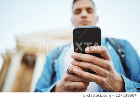 Man, hands or phone on university, college campus or school exam calendar, class schedule or social media. Zoom, student low angle or mobile technology in education learning or scholarship research 127339604