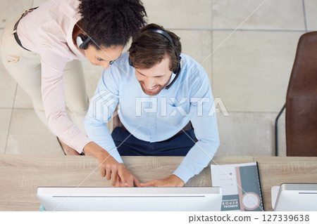 Call center, planning and business people teamwork, collaboration and networking strategy for telemarketing sales, profit and target above. IT support, computer and manager software review in telecom 127339638