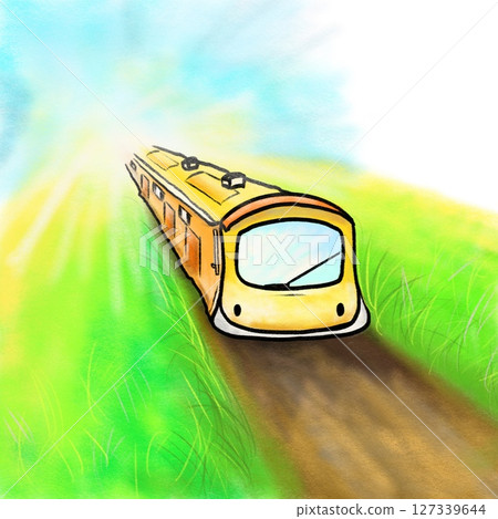 Train coming cartoon illustration, train in green field background 127339644