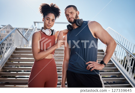 Black couple, stairs portrait and exercise in city for goals, motivation and urban outdoor workout with music. Couple teamwork, fitness and support for health, wellness and training in Cape Town sun 127339645
