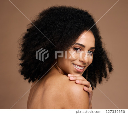 Happy woman, afro or face skincare on studio background in self love hug, healthcare wellness or body dermatology. Smile portrait, beauty model or natural hairstyle, makeup cosmetic or manicure hands Happy woman, afro or face skincare on studio background in self love hug, healthcare wellness or body dermatology. Smile portrait, beauty model or natural hairstyle, makeup cosmetic or manicure hands 127339650