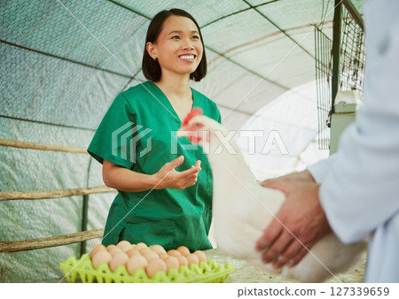 Woman, chicken eggs or farming customer on countryside agriculture, sustainability environment or industry coop. Happy smile, talking poultry farmer or man in production sales deal or retail export 127339659