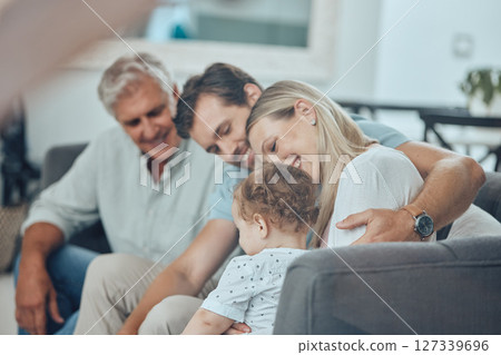 Family, love and together with generations in living room, happy with parents, child and grandfather in family home. Happy family, bonding and support, relax at home with quality time and happiness. 127339696