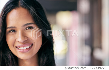 Woman, face and smile with free space for marketing and advertising makeup, cosmetics and happiness with a positive mindset. Portrait of a happy female from France with a natural glow on her skin Woman, face and smile with free space for marketing and advertising makeup, cosmetics and happiness with a positive mindset. Portrait of a happy female from France with a natural glow on her skin 127339770