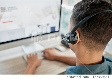 Microphone, contact us or call center consultant networking, talking or speaking of a financial loan policy. Contact us, telemarketing job or crm salesman in conversation with client on help screen 127339861