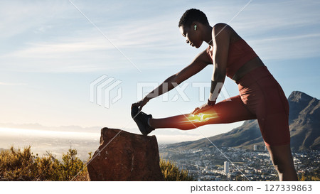 Fitness, mountain and black woman stretching legs ready to start workout, running and marathon training. Sports, exercise and x ray of knee of female athlete for wellness, performance and body health 127339863