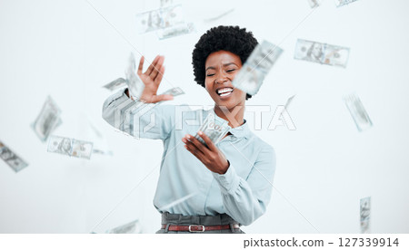 Money, cash and business black woman in studio wealth, bonus and investment success with finance, profit and savings. Lottery, winner and salary of an african corporate employee for financial freedom Money, cash and business black woman in studio wealth, bonus and investment success with finance, profit and savings. Lottery, winner and salary of an african corporate employee for financial freedom 127339914