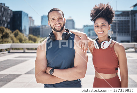 Sports fitness, portrait and couple in city ready for workout, training or exercise. Face, diversity and happy man and woman standing on street preparing for running, jog or cardio outdoors together. 127339935