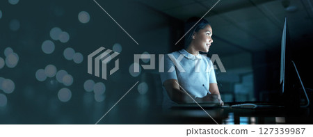 Mockup, night and overtime with a business woman at work on a deadline in a marketing office for advertising. Computer, design or dedication with a female employee working on a project in the evening 127339987