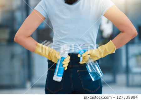 Cleaning, product and back of woman with spray bottle for hygiene, disinfection and sanitization in office. Cleaning service, spring cleaning or female maid with chemicals to remove bacteria or germs Cleaning, product and back of woman with spray bottle for hygiene, disinfection and sanitization in office. Cleaning service, spring cleaning or female maid with chemicals to remove bacteria or germs 127339994