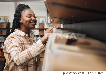 Student, checking or library bookshelf on school, college or university campus for education, learning or studying. Smile, happy or excited black woman in textbook search, research or retail shopping Student, checking or library bookshelf on school, college or university campus for education, learning or studying. Smile, happy or excited black woman in textbook search, research or retail shopping 127340024