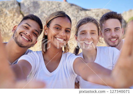 Couple of friends, diversity or selfie in nature hike, social gathering or summer holiday in travel location or countryside mountains. Smile portrait, happy men and women bonding in pov photography Couple of friends, diversity or selfie in nature hike, social gathering or summer holiday in travel location or countryside mountains. Smile portrait, happy men and women bonding in pov photography 127340071