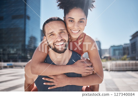 Fitness, piggyback and young couple in outdoor workout, training or exercise portrait for support, love and hug with teamwork in city. Urban, sports and athlete or friends face smile for cardio goals 127340084