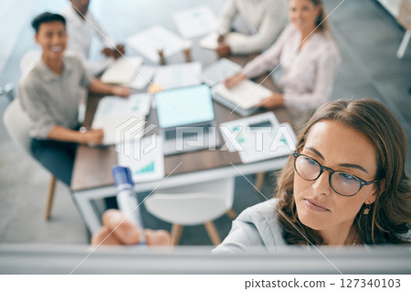 Business meeting, woman and writing on glass board for creativity planning strategy, marketing team collaboration and leadership training in modern office. Leader, corporate female and presentation Business meeting, woman and writing on glass board for creativity planning strategy, marketing team collaboration and leadership training in modern office. Leader, corporate female and presentation 127340103