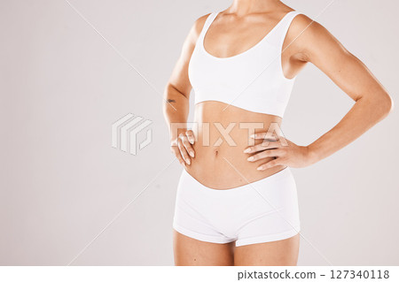 Fitness, health and body care, woman in underwear on studio background with motivation for healthy lifestyle. Diet, nutrition and wellness mindset, girl with self care in mockup and product placement 127340118