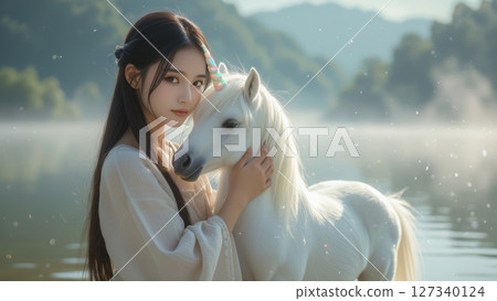 奇幻風景中的獨角獸與女孩 127340124