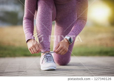 Runner, fitness and woman with sneakers outdoor for run, cardio and body training with health and wellness. Exercise, female start running and shoes with sports motivation and active lifestyle Runner, fitness and woman with sneakers outdoor for run, cardio and body training with health and wellness. Exercise, female start running and shoes with sports motivation and active lifestyle 127340126