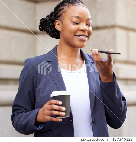 Black woman, phone call and speaker with smartphone and networking with coffee, virtual meeting on coffee break. Communication, technology and business woman with corporate discussion, phone and 5g. Black woman, phone call and speaker with smartphone and networking with coffee, virtual meeting on coffee break. Communication, technology and business woman with corporate discussion, phone and 5g. 127340128