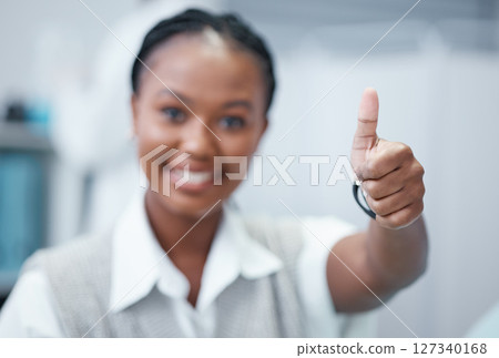 Thumbs up, success and hand of black woman in office for vision, goals and target in workplace. Leadership, corporate company and female entrepreneur happy for business startup, ideas and strategy 127340168