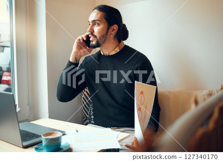 Home office, documents and phone call, freelancer man at desk consulting on smartphone with financial report. Freelance advisory work, businessman on phone and remote consulting financial advisor. 127340170