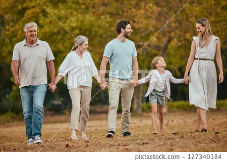 Family walk, holding hands and park with smile, love and bonding with grandparents, kids or happiness. Happy family, walking or relax outdoor on nature adventure by trees, woods or forest 127340184
