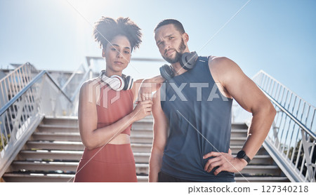 Black couple, stairs portrait and fitness with headphones for music, motivation and outdoor urban workout. Exercise team, couple and support for health, wellness training and development in summer Black couple, stairs portrait and fitness with headphones for music, motivation and outdoor urban workout. Exercise team, couple and support for health, wellness training and development in summer 127340218