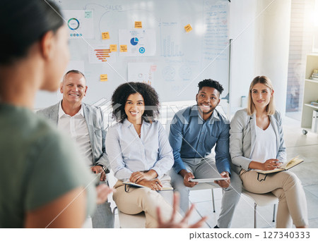 Presentation, marketing and business people in a meeting for training, sales workshop and happy at a group interview. Seminar, learning and employees listening to a mentor teaching a strategy Presentation, marketing and business people in a meeting for training, sales workshop and happy at a group interview. Seminar, learning and employees listening to a mentor teaching a strategy 127340333