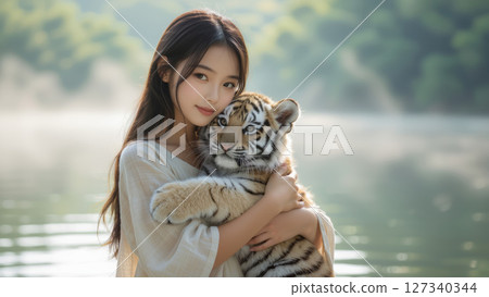 湖邊抱著小老虎的女孩 127340344