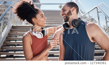 Fitness, city and happy couple doing an outdoor workout for health, wellness and sport training. Sports, happiness and young man and woman athletes doing cardio exercise together for race or marathon Fitness, city and happy couple doing an outdoor workout for health, wellness and sport training. Sports, happiness and young man and woman athletes doing cardio exercise together for race or marathon 127340361