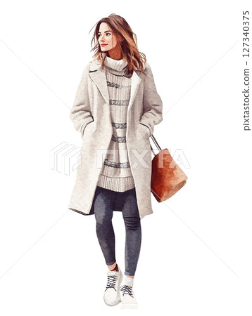 [Full-body standing picture] Illustration of a woman in a white coat 127340375