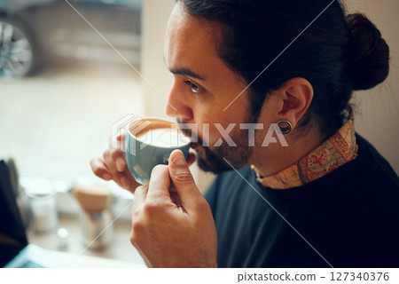 Startup employee, cafe or man drinking coffee in restaurant thinking during lunch, coffee break or breakfast. Focus face, serious or zoom man in modern Brazil coffee shop with blurred background 127340376