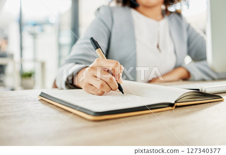 Notebook, pen and hands of woman writing, planning and working on calendar schedule for corporate business event. Paper, receptionist and secretary with pencil, planner and journal for message notes Notebook, pen and hands of woman writing, planning and working on calendar schedule for corporate business event. Paper, receptionist and secretary with pencil, planner and journal for message notes 127340377
