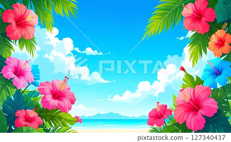 Hibiscus and summer tropical beach frame material 5 127340437