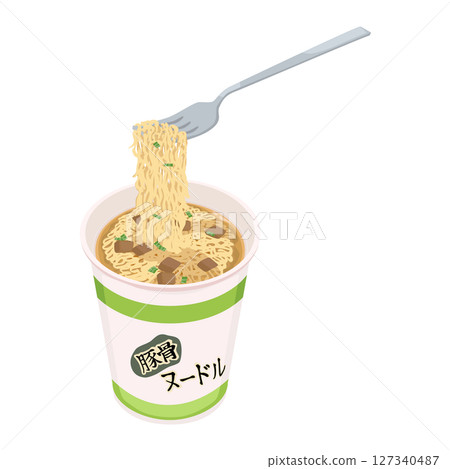 用叉子吃豬骨口味泡麵的示意圖 用叉子吃豬骨口味泡麵的示意圖 127340487