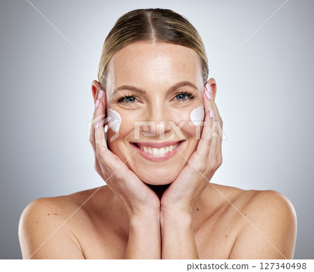 Skincare, beauty and skin cream of a woman portrait with happiness from face glow and shine. Cosmetic wellness, dermatology and healthy facial treatment with a model happy about cosmetics lotion 127340498