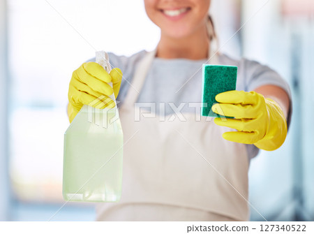 Woman, hands or spray bottle with sponge for cleaning, hygiene maintenance or healthcare wellness in house, home or office building. Zoom, maid or cleaner service worker with bacteria product 127340522