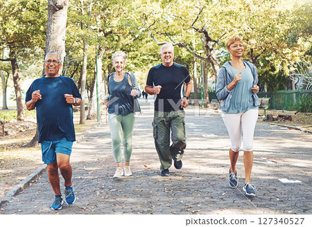 Fitness, running and senior people in park for healthy lifestyle, body wellness and cardio wellbeing. Sports, retirement and group of elderly men and women workout, exercise and training in nature Fitness, running and senior people in park for healthy lifestyle, body wellness and cardio wellbeing. Sports, retirement and group of elderly men and women workout, exercise and training in nature 127340527