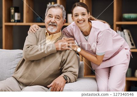 Healthcare, support and doctor with a senior man for medical attention, consulting and nursing from a house. Trust, hug and portrait of a caregiver with support for an elderly patient in retirement Healthcare, support and doctor with a senior man for medical attention, consulting and nursing from a house. Trust, hug and portrait of a caregiver with support for an elderly patient in retirement 127340546