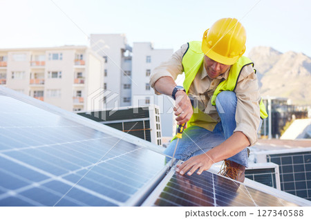 Engineer, man or solar panels for clean energy, maintenance for building or sustainability. Male technician, electrician or installation for alternative power, agriculture innovation or eco friendly 127340588