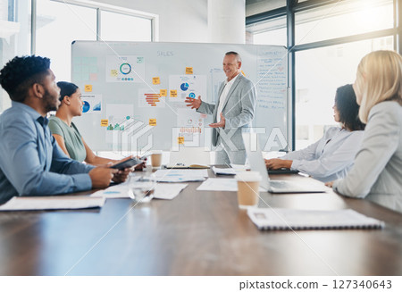 Business, speaker and presentation for workshop, conference and questions. Group, leader or man in meeting with staff, teamwork and seminar for new process, system training or charts for sales growth 127340643