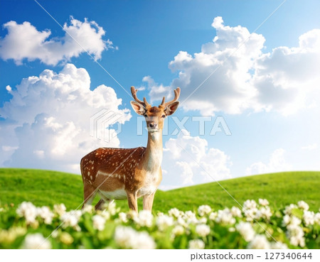 a cute deer and beautiful grass and sky filled 127340644