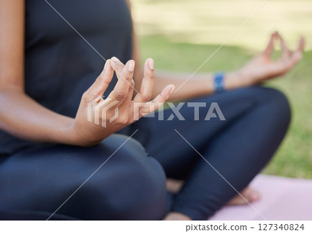 Hands, meditation and yoga with a black woman on an exercise mat outdoor in nature for health or wellness. Fitness, park and summer with a female athlete or yogi meditating outside for balance Hands, meditation and yoga with a black woman on an exercise mat outdoor in nature for health or wellness. Fitness, park and summer with a female athlete or yogi meditating outside for balance 127340824