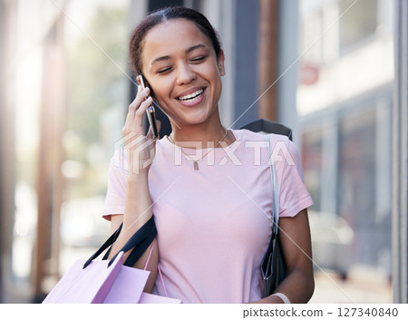 Phone call, travel or black woman with shopping bags in Paris street, city or road for communication, networking or talking outdoor. Happy, smile or girl traveling with smartphone for comic news 127340840