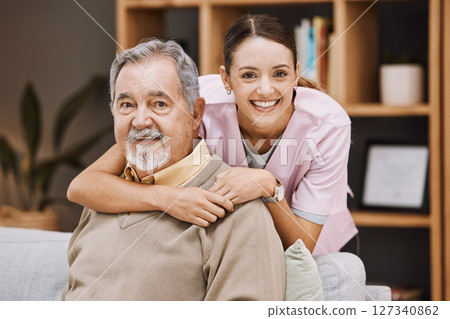 Healthcare, support and nurse with a senior man for medical attention, consulting and nursing from a house. Trust, hug and portrait of a caregiver with support for an elderly patient in retirement Healthcare, support and nurse with a senior man for medical attention, consulting and nursing from a house. Trust, hug and portrait of a caregiver with support for an elderly patient in retirement 127340862