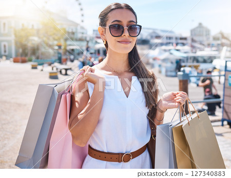 Sunglasses, woman outdoor and shopping for boutique fashion, expensive products and client retail. Female customer and girl with eyewear, purchase clothes and consumer in city, items in bag or luxury Sunglasses, woman outdoor and shopping for boutique fashion, expensive products and client retail. Female customer and girl with eyewear, purchase clothes and consumer in city, items in bag or luxury 127340883