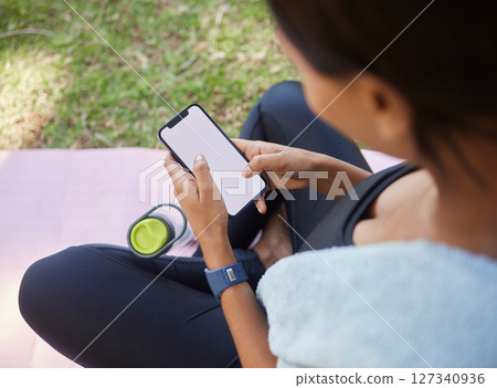 Phone mockup, fitness and woman in nature for training with a mobile app, online workout and marketing exercise on social media. Space, advertising and athlete with a mobile for park sports in USA Phone mockup, fitness and woman in nature for training with a mobile app, online workout and marketing exercise on social media. Space, advertising and athlete with a mobile for park sports in USA 127340936