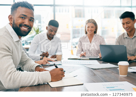 Business people, boardroom meeting or chart documents for company financial planning, office investment growth or insurance data analytics. Portrait, smile or happy finance worker on teamwork paper 127340975