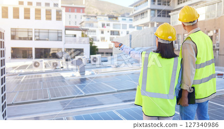 Engineer, back or woman with man, solar energy or sustainable power inspection. Technician, male or female for panels maintenance, eco friendly construction or agriculture for alternative electricity Engineer, back or woman with man, solar energy or sustainable power inspection. Technician, male or female for panels maintenance, eco friendly construction or agriculture for alternative electricity 127340986